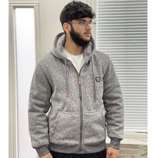 Mens Fur Lined Hooded Jacket Luxury Sherpa Zip Up Winter Padded Fleece Hoody Top