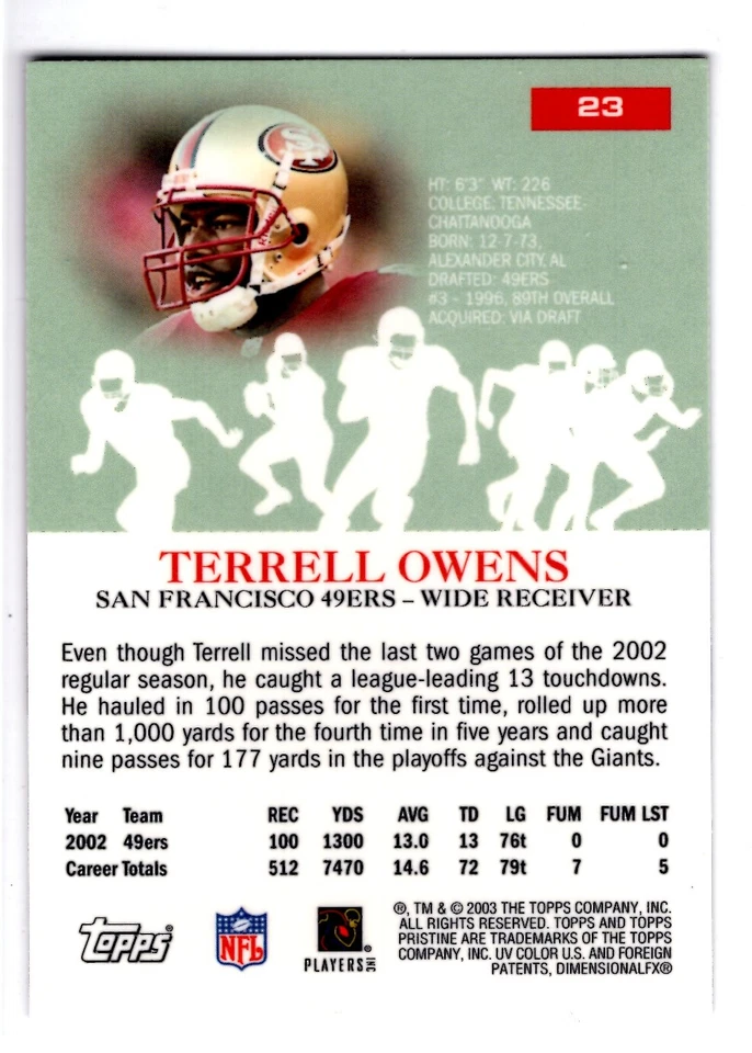 2003 Topps Pristine #23 Terrell Owens NFL 49ers - Image 2 of 2