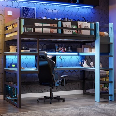 Twin Loft Bed w/ Desk, Shelves & RGB Lights, Blue, Gaming & Storage