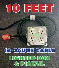 LIGHTED 12/3 EXTENSION CORD 10' w/METAL OUTLET DROP BOX STAGE POWER DISTRO STRIP