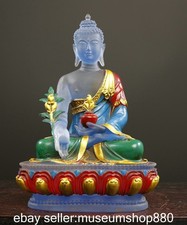 8.4" Antiguo Tíbet Color Esmalte Talla Menla Medicina Buda Sentar Estatua Escultura