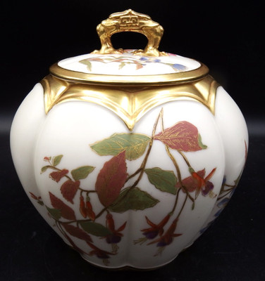 ANTIQUE Royal Worcester Floral Hand Painted Ribbed Covered Biscuit Jar 1889 EXC!