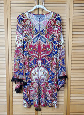 Kate & Mallory Paisley Print Dress With Long Bell Lace Trim Sleeves XS