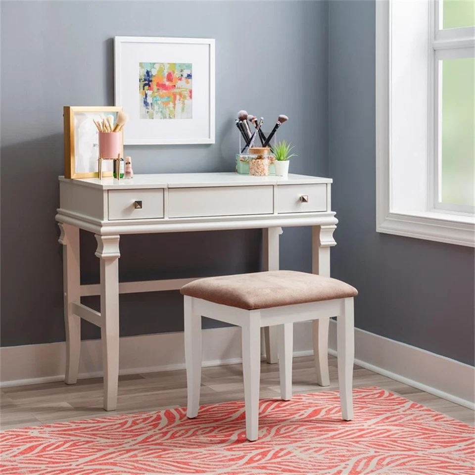 Linon Angela Wood Vanity & Padded Beige Stool 2 Drawers Flip Up Mirror in White - Image 4 of 4