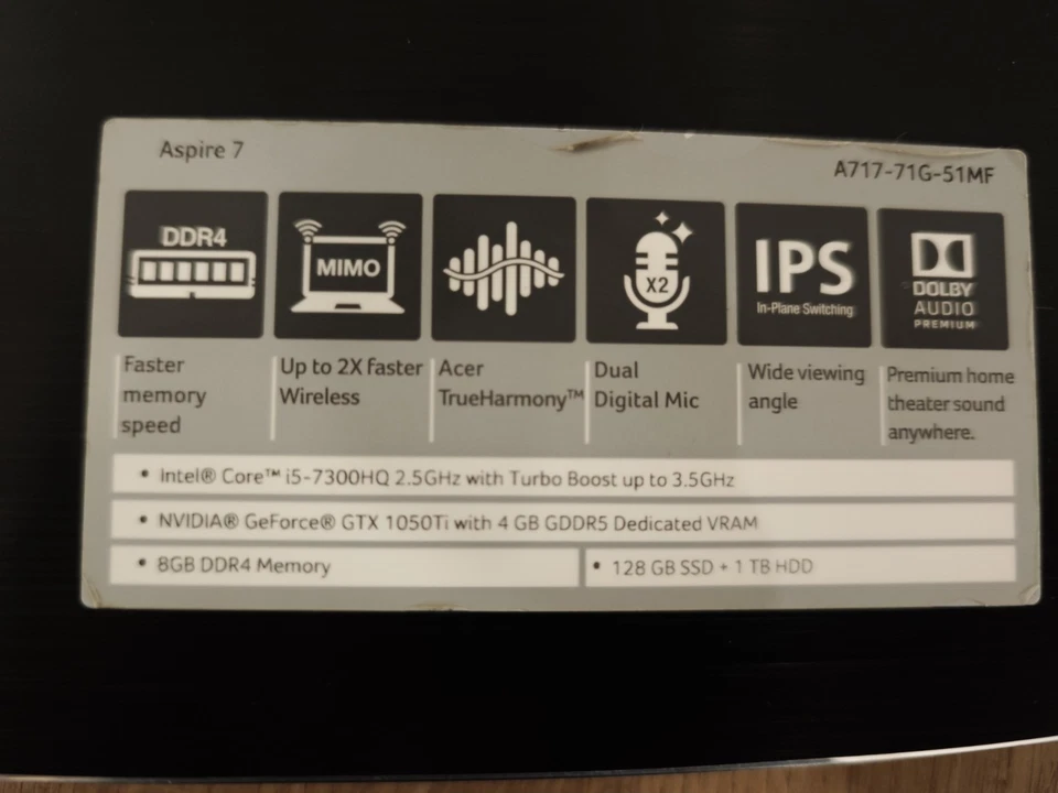 Acer Aspire 7 A717-71G-59FW Laptop i5-7300HQ 8GB DDR4 GTX 1050Ti 240GB SSD WIN10 - Bild 3 von 4