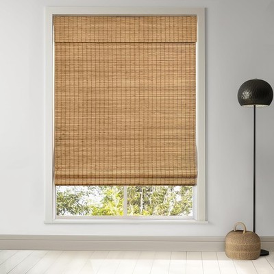 Bamboo Roman Shade Cordless 34.5x48 Room Darkening Teak
