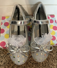 Girls Silver Glitter Mary Jane Dress Flats Bow Accents Hook Loop US 11
