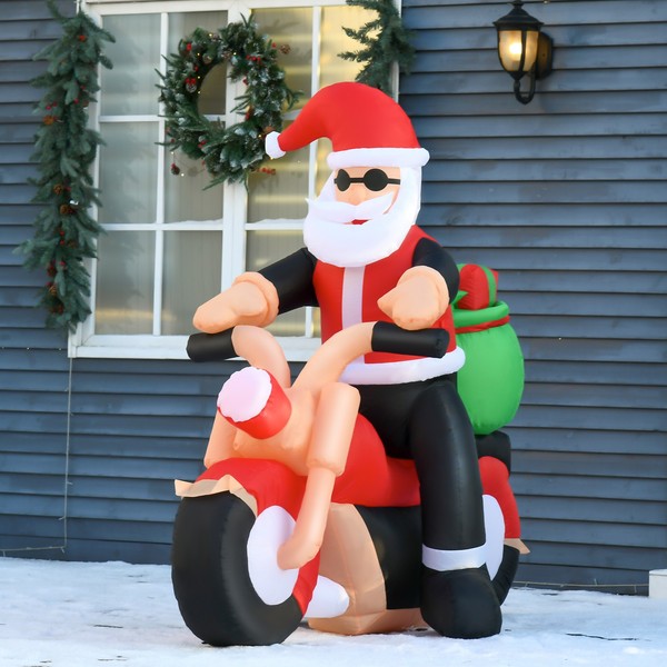 Homcom Aufblasbarer Weihnachtsmann Auf Einem Motorrad 165 Cm Santa Geschenk Led-image