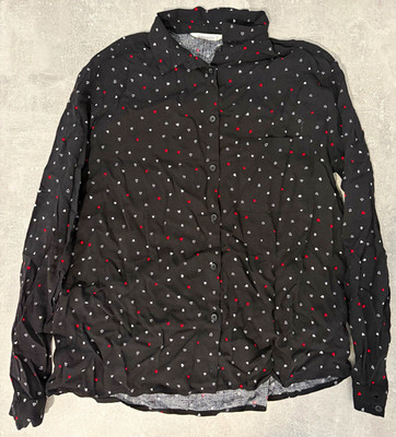 Terranova Damen Bluse L schwarz Herzmuster Langarm Kragen Knopfleiste Viskose