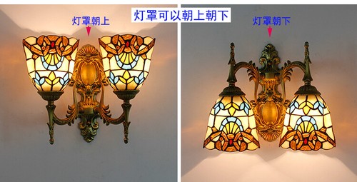 Wall sconces pair Tiffany Glass Shape Baroque Sunflower Dragonfly Design antique - Picture 13 of 25