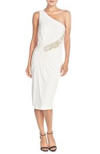 DAVID MEISTER 8 & 10 One Shoulder Jeweled Grecian Bridal Formal Dress Ivory $550