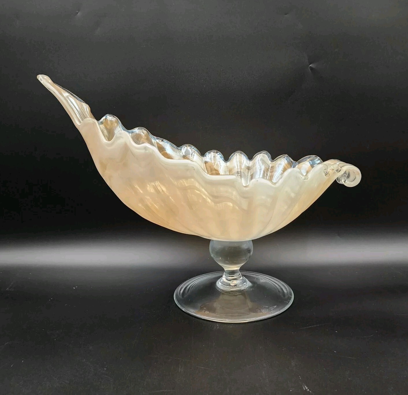Vintage Murano Hand Blown Cream Iridescent Shell Pedestal Bowl