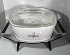 Vtg Corning Ware Black Trefoil 2 1/2 Qt Casserole Pyrex Fin Lid & Warming Cradle