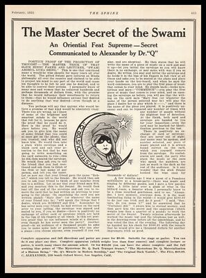 1921 Dr. Q Master Secret Of The Swami C. Alexander Magic Trick Vintage Print Ad