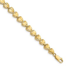 Real 14kt Yellow Gold Diamond Cut Heart Chain Bracelet; 7 inch; Lobster Clasp