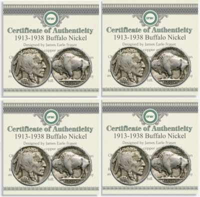 FOUR x 1913-1938 Buffalo Nickel W/ COA Collector Coins FULL DATES USA Mint Coin