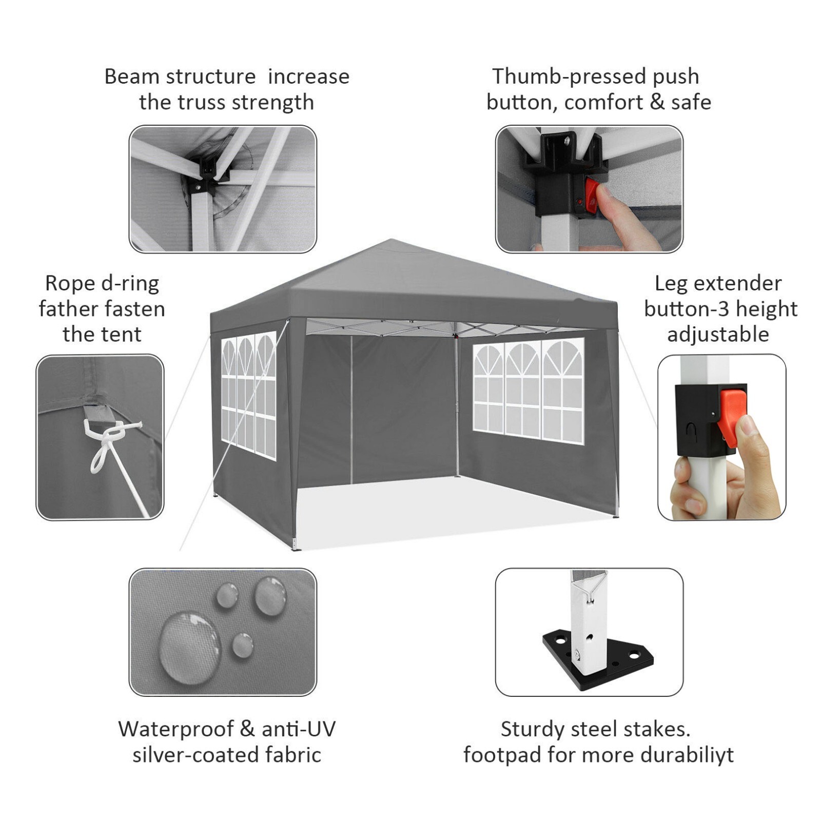 10'x10' Outdoor Pop-Up Canopy Tent, Waterproof Heavy Duty Gazebo w/ 4 Sidewalls
