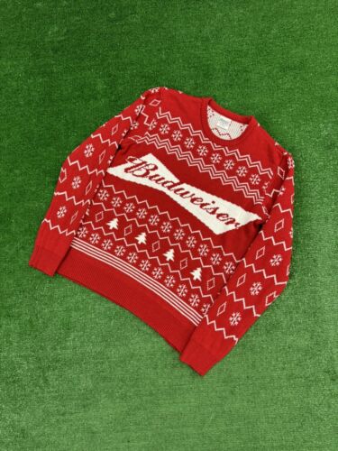 Budweiser Men’s Sweater Large Red Ugly Christmas Fairisle Snowflake Pullover - Picture 1 of 3