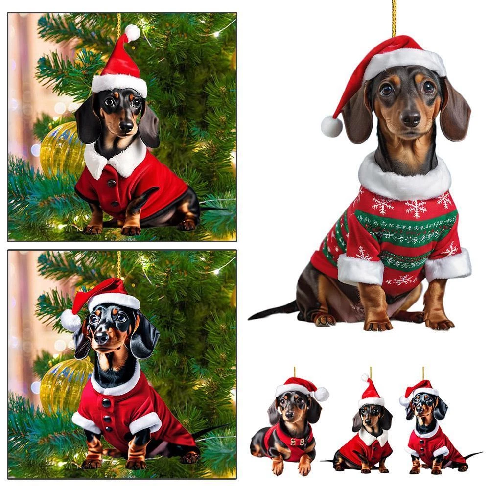 4x Dachshund Christmas Tree Ornament Sausage Dog Gift Cartoon Dog