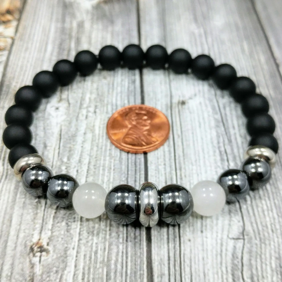 Pulsera para hombre 8"L ACERO INOXIDABLE 8mm piedra lunar+ónix+piedras preciosas de hematita con cuentas Foto 4 de 4