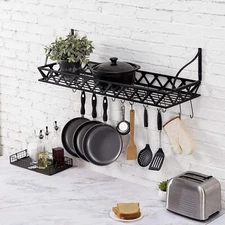 36-In Wall Mounted Black Metal Kitchen Floating Pot Shelf, Cookware Storage Rack