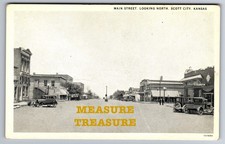 C.1930 SCOTT CITY, KS KANSAS MAIN ST. LOOKING NORTH CARS CAFE Postcard Q13