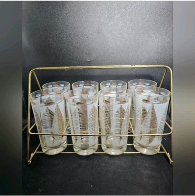Vintage MCM Libby Golden Foliage Highball Glasses With Carrier