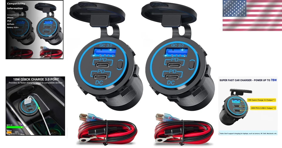 Waterproof USB C Car Charger Socket, 12V USB Outlet - 2 Pack with 78W Power - Image 2 of 4