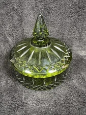 Vintage Indiana Glass, Princess Pattern Candy Dish With Lid, Avocado Green Color