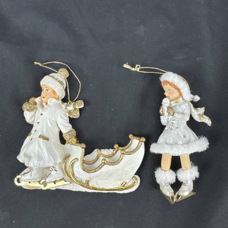 Vtg. Victorian Skating Ornaments One W/sleigh & One W/ice Cream Cone