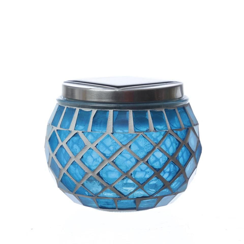 LED Solar Windlicht Mosaik Solarglas Solarleuchte Mosaikleuchte Tischlampe blau - Bild 4 von 4