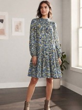 MANGO Blue, Green and Yellow Bishop Sleeve Floral Sundress