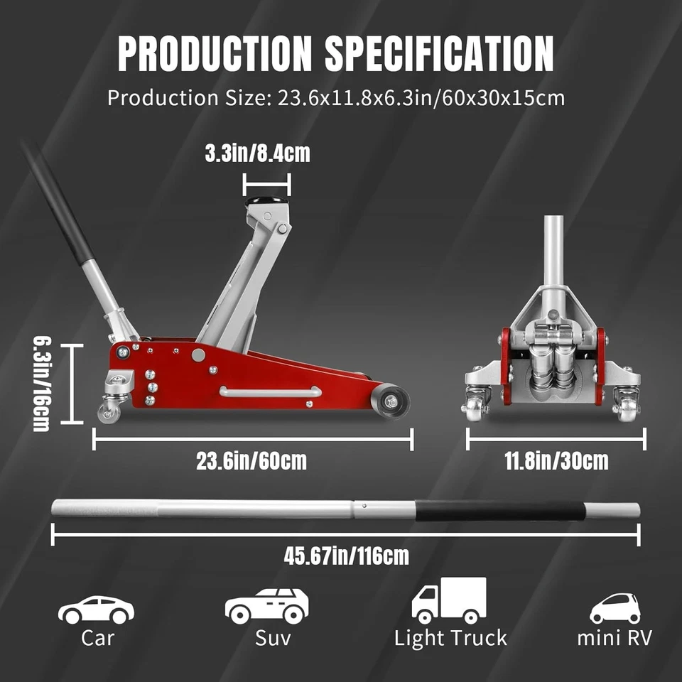 Gato de piso de carreras de 3 toneladas de bajo perfil, aluminio y acero 3 aluminio, ROJO Foto 2 de 4