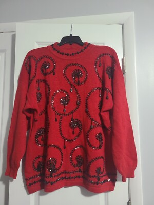 Vintage 80s 90s Diana Marco Sweater Womens 22/24 Red Beaded
