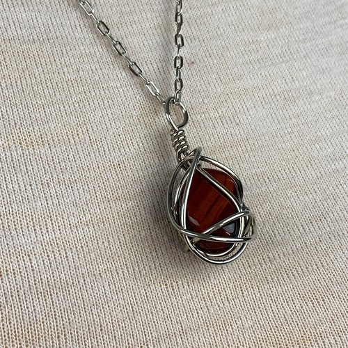 Wire Wrapped Red Tiger's Eye Pendant Necklace Silver Tone 23" - Picture 5 of 7