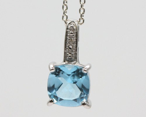 Colgante de piedra de nacimiento cojín de topacio azul natural de plata esterlina sólida y topacio azul natural - Imagen 3 de 18