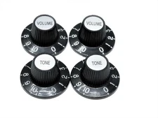 4 BLACK Witch Hat KNOBS w/ SILVER Reflectors for Epiphone® Import Coarse Spline