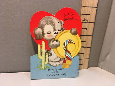Vtg Valentine Card  Ameri-Card Bashful Puppy Dog Yellow Hat Mechanical p4