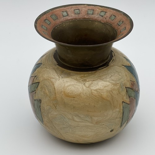 Vtg Short decorated brass vase enamel geometric tribal art - Bild 2 von 10