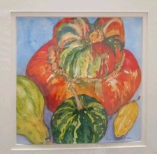 Skillfully Painted Vintage Signed Sue Rosoman Gourds Botanical Watercolor.