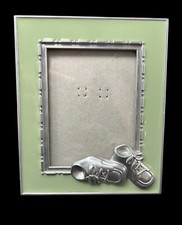 Vintage Baby Picture Frame Pewter w Sage Green Enamel 3D Booties Shoes QUALITY