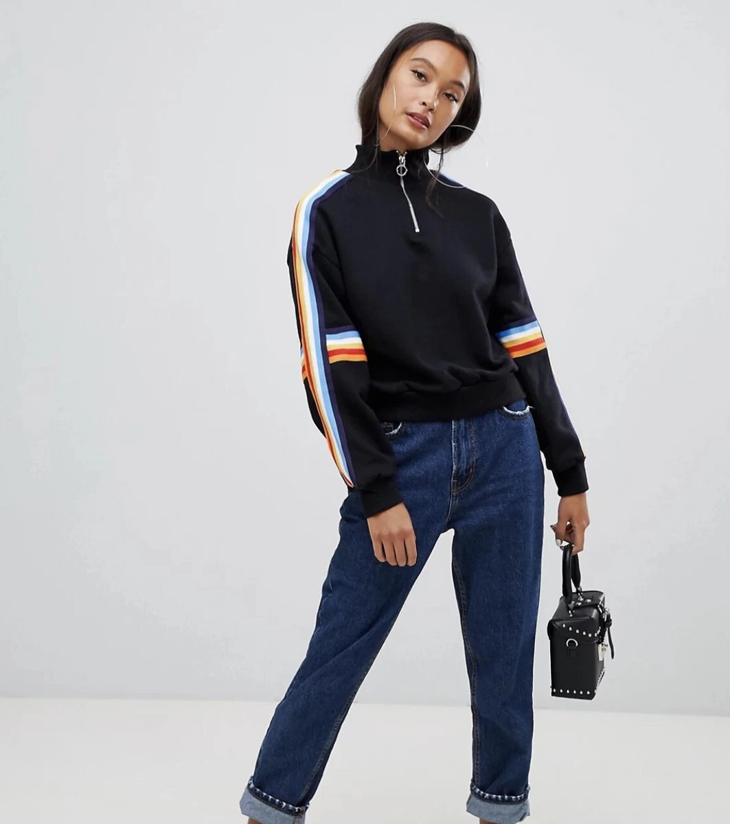 Bershka rainbow side stripe zip up sweatshirt in black quarter