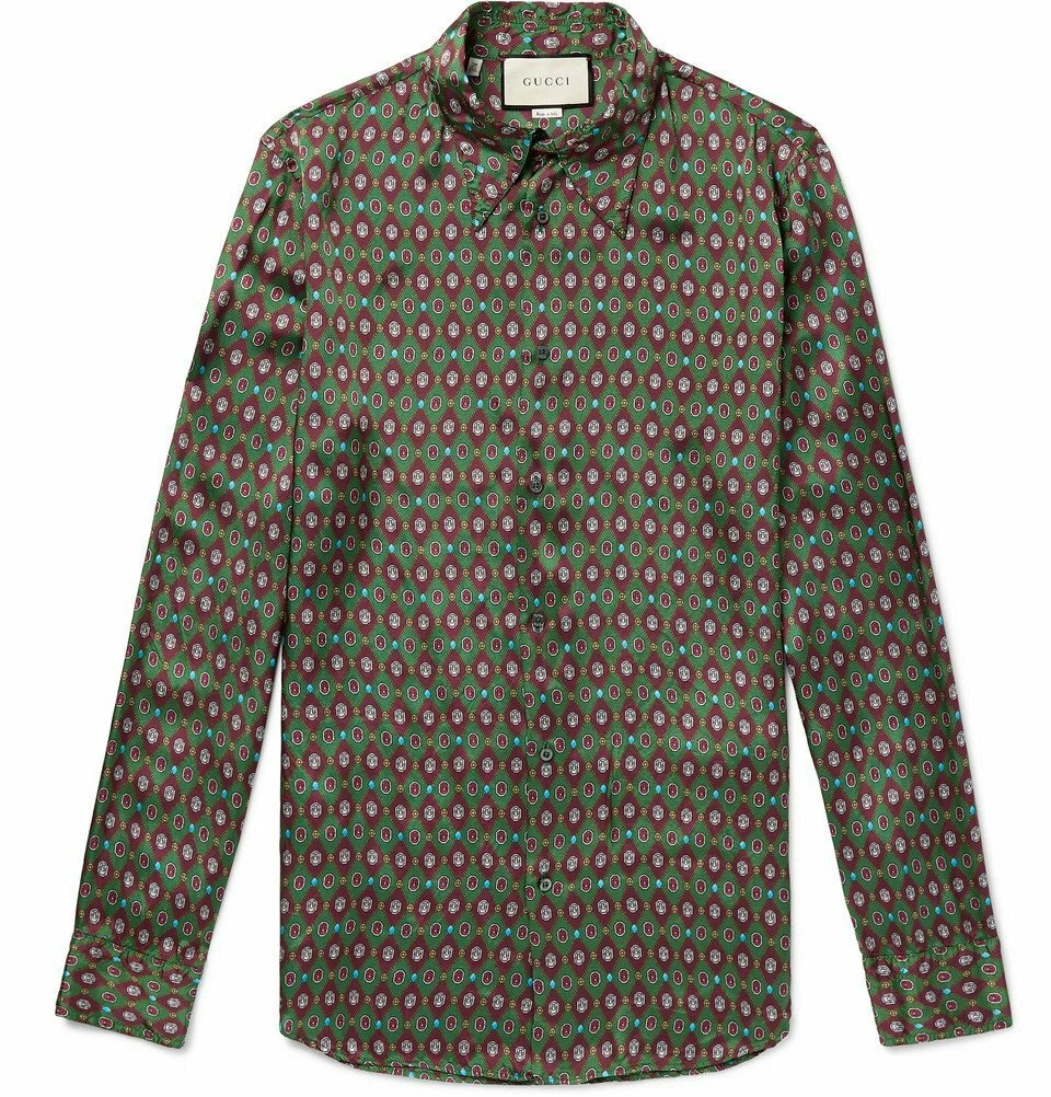 Neuf avec étiquettes chemise boutonnée Gucci vert Bourgogne bijou soie abeille imprimé 40 15,