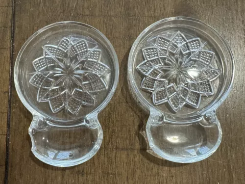 2 Vintage Fostoria Glass Coasters Spoon Rest/Tea Bag Holder Pressed Flower EUC