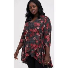 TORRID Black Red Surplice Babydoll Georgette Floral Plaid Tunic Size 2X NWT