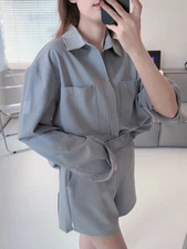 AIo New Casual Striped Long Sleeved Shirt Shorts Set for Women Lazy Style Cloth
