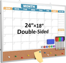 Monthly Calendar Dry Erase Board 24X18 Inch, Double-Sided Whiteboard and Corkboa