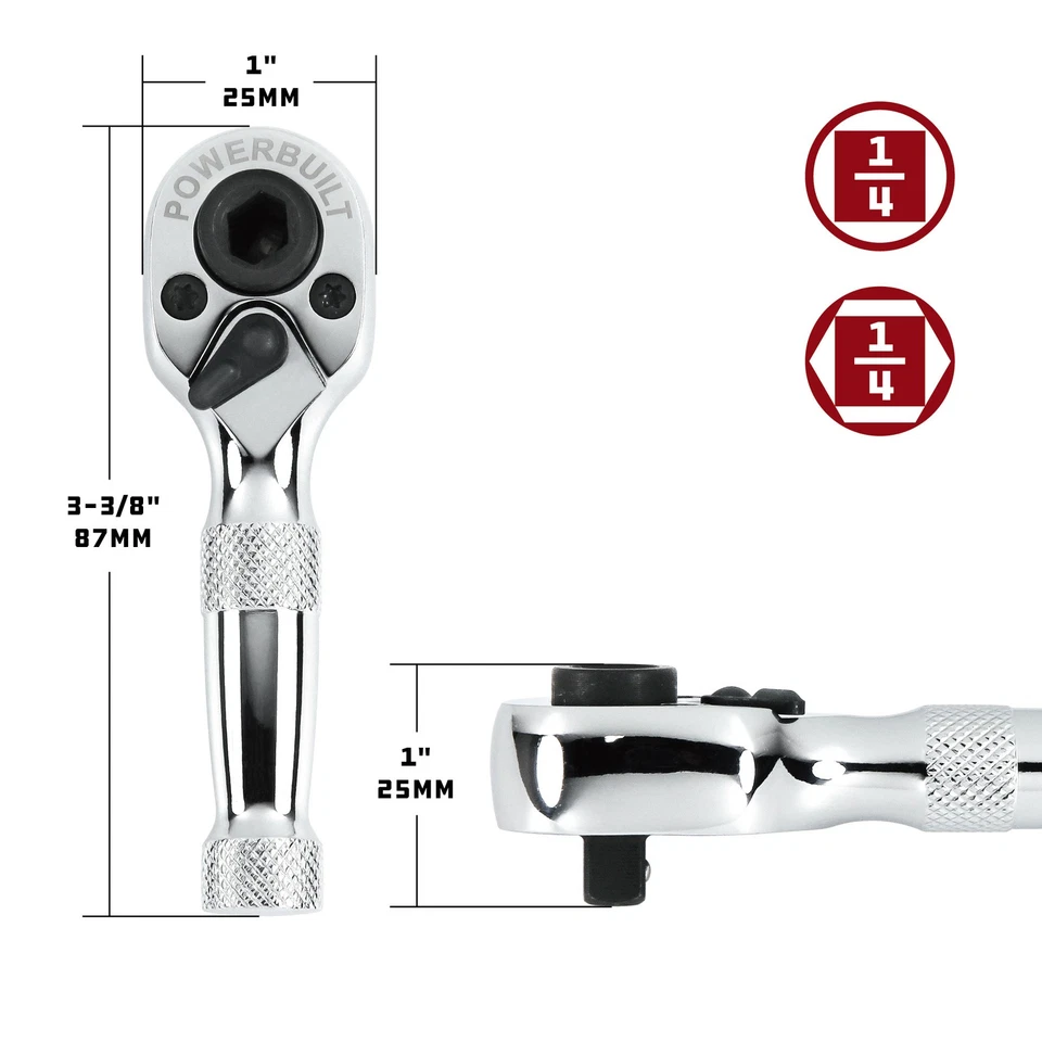 Powerbuilt 1/4 Inch Drive 72 Teeth Dual Head Stubby Ratchet - 940478 - Image 3 of 4