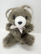 Vintage Stuffed Plush Minky Brown Teddy Bear Pink Ribbon 8 Inch