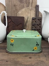 Vintage Green Yellow Flowers Tin Metal Cake Tin With Porcelain Knob Handle